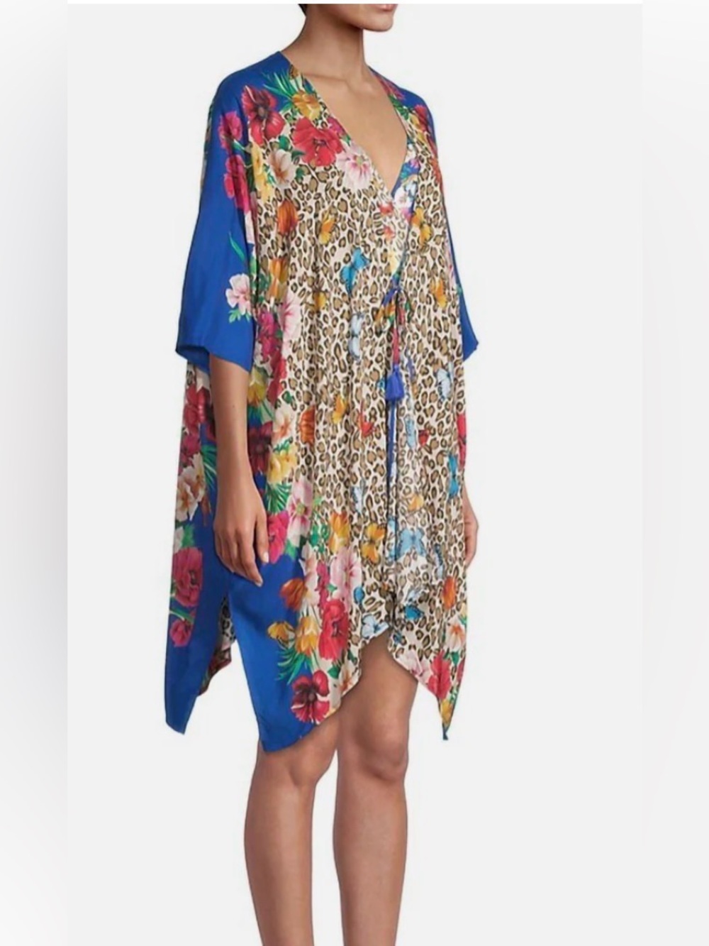 Johnny Was Rayon Blue Floral Leopard Butterfly Kimono Tunic Swim Coverup Top S/M